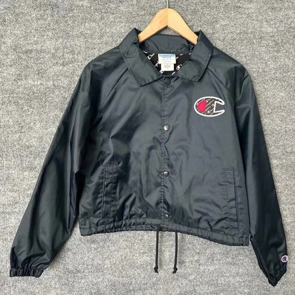 Champion Windbreaker Womens Medium Black Cropped Sporty Logo Spellout Jacket - Picture 3 of 16